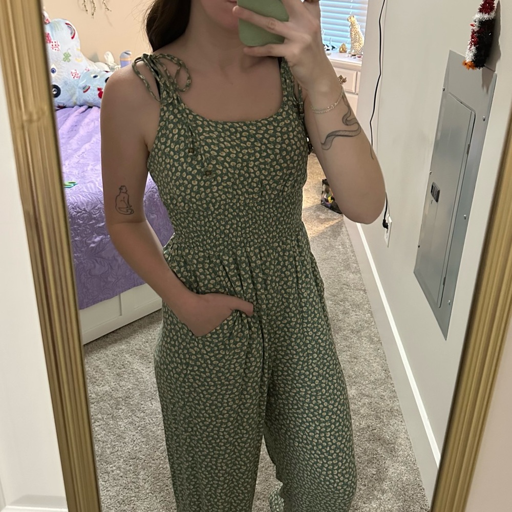 American Eagle Green Floral Jumpsuit
